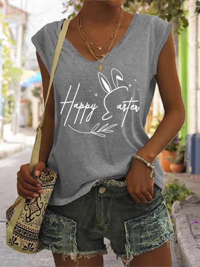 Happy Easter with Bunny Graphic Tees Women's Casual Loose V-Neck Sleeveless Tank Top
