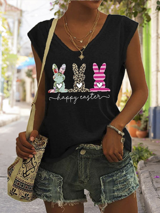 Women's Casual Loose T-Shirts Happy Easter with Cartoon Rabbit V-Neck Sleeveless Tank Top