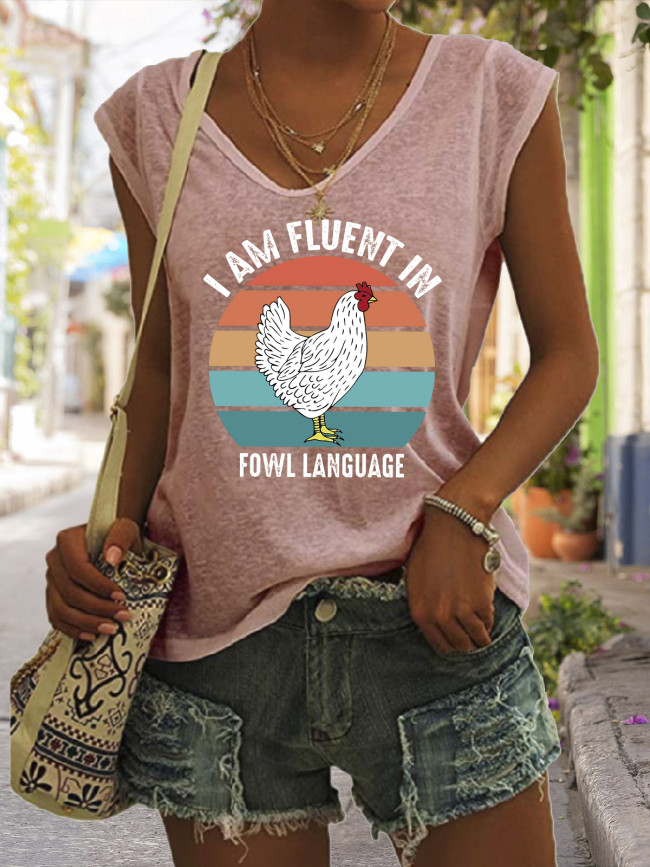 I am Fluent in fowl language Funny Saying Tshirt Easter Outfit Graphic Tees Women's Casual Loose V-Neck Sleeveless Tank Top