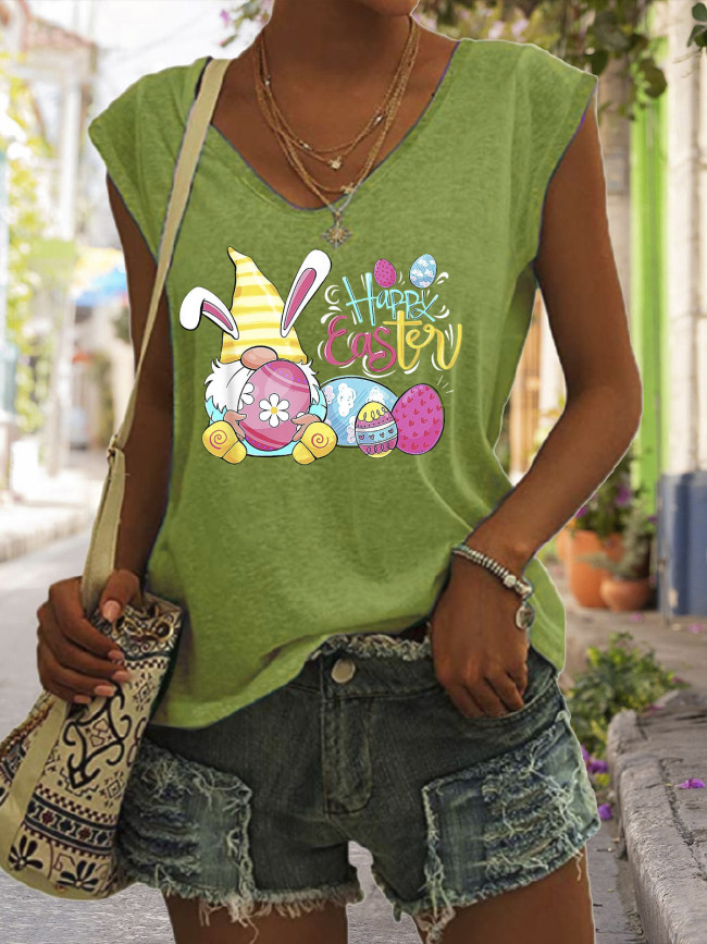 Happy Easter Rabbit with Easter Eggs Graphic Tshirt Women's Casual Loose V-Neck Tee Top