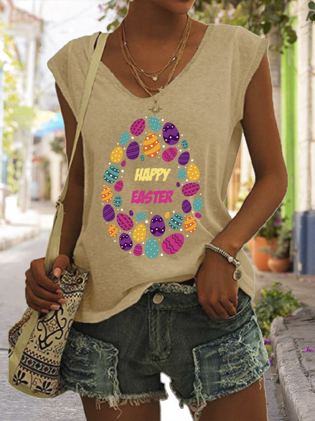 Multicolor Easter Eggs Happy Easter Graphic Tees Women's Casual Loose  V-Neck T-Shirts Top