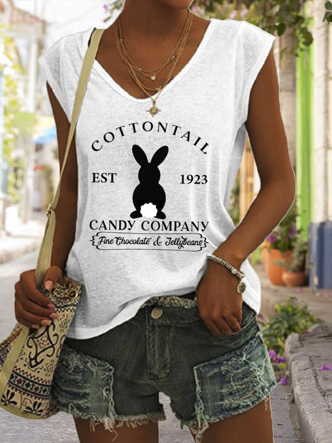 Cottontail Funny Word Tshirt Easter Outfit Graphic Tees Women's Casual Loose T-Shirts Cute Rabbit Pattern V-Neck Sleeveless Tank Top