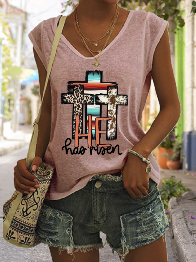 Easter Graphic Tees Women's Casual Loose T-Shirts God Cross Pattern V-Neck Sleeveless Tank Top