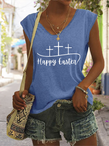 Happy Easter Outfit Graphic Tees Women's Casual Loose T-Shirts V-Neck Sleeveless Tank Top Cross Faith Tee