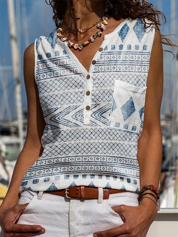 Womens Aztec Geometric Patterns Half Button Ethnic Vest Sleeveless Tank Top