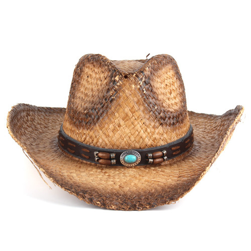Western Cowboy Hat Summer Men Women Handmade Raffia Straw Beach Cap Wide Brim Cowgirl Sombrero Sun Hat