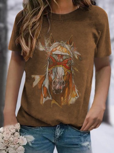 2022 Women's Aztec Native Ethnic Horse Rustic Pattern Short Sleeve Crew Neck T-Shirts Top