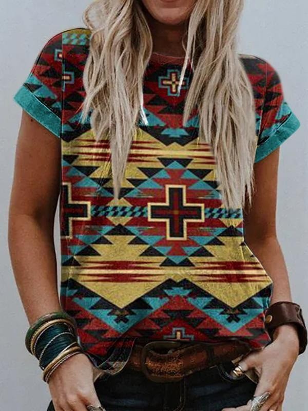 2022 Womens Aztec Ethnic Western Style Bohemian Pattern Short Sleeve Crew Neck T-Shirt Top