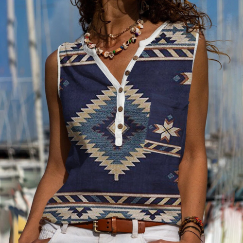 Womens Aztec Geometric Patterns Half Button Ethnic Vest Sleeveless Tank Top