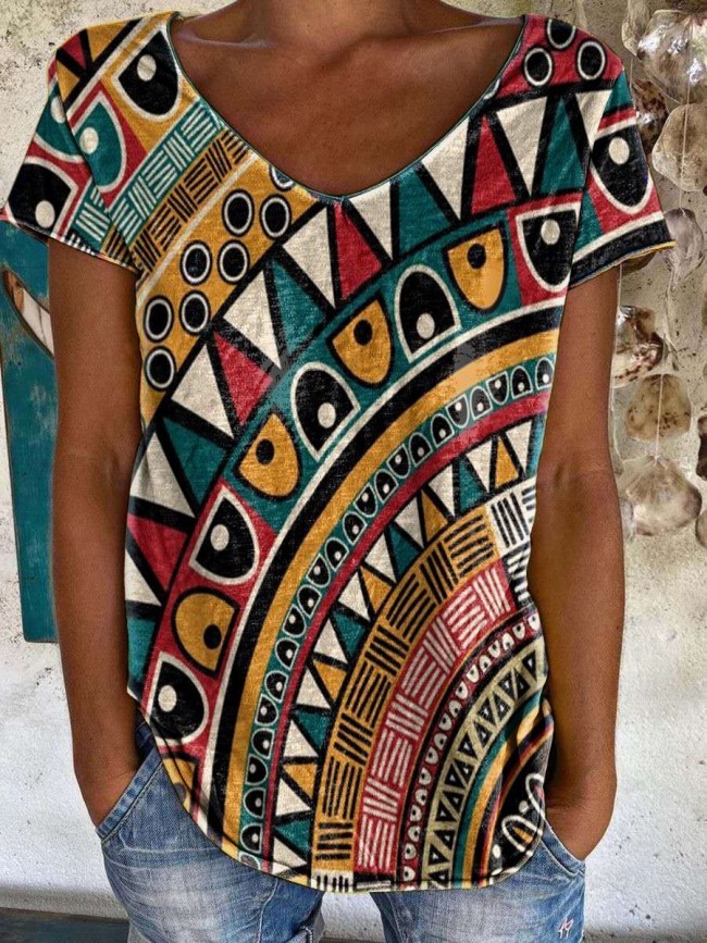 2022 Women's Native Ethnic Geometric Pattern Short Sleeve V-Neck Loose T-Shirts Top