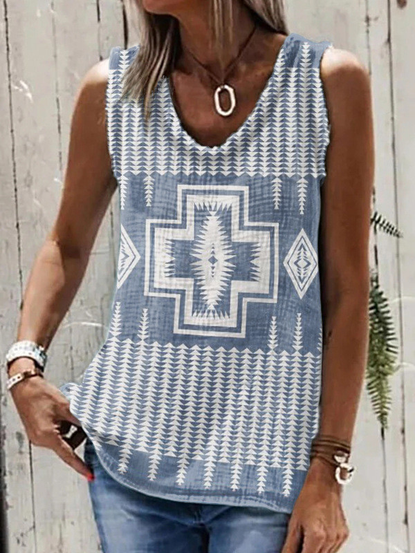 Womens Western Native Aztec Geometric Pattern Crew Neck Sleeveless Tank Top