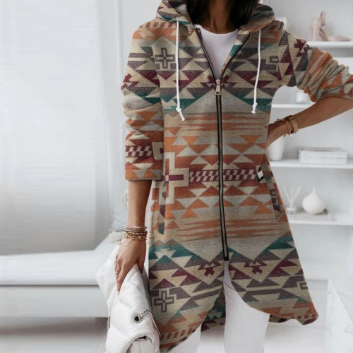 Womens Western  Aztec Geometric Pattern Zipper Jacket Coat