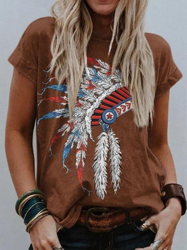 2022 Women's Native Ethnic Aztec Feather Headdress Pattern Short Sleeve Crew Neck T-Shirts Top
