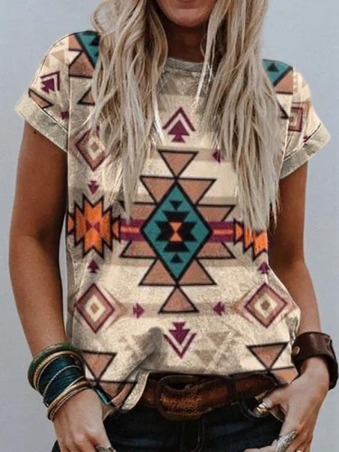 Women's Aztec Enthic Geometric Khaki Area Pattern Crew Neck Short Sleeve Loose T-Shirt