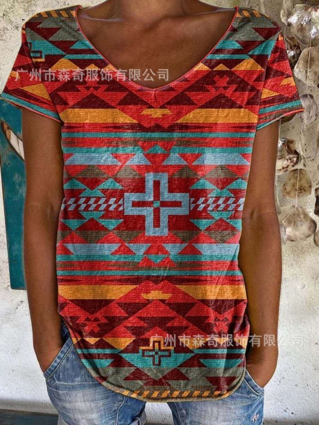 2022 Women's Native Ethnic Geometric Pattern Short Sleeve V-Neck Loose T-Shirts Top