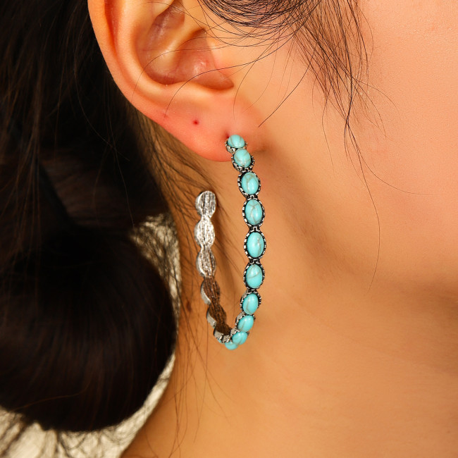 Western Vintage Large Circle C-shaped Earrings Oval All Turquoise Earrings Women's Party Jewelry Fashion Gift