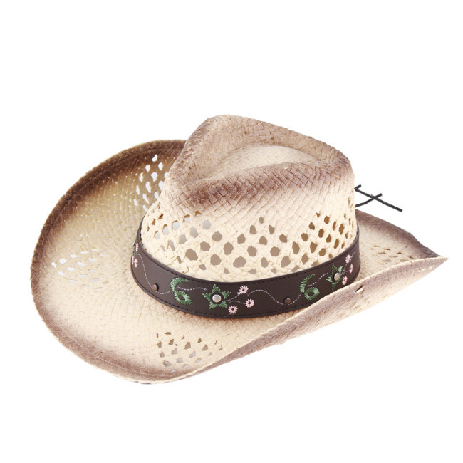 Summer Western Cowboy Hat Men Handmade Straw Sun Hat Outdoor Jazz Beach Cowgirl Hat Sombrero Hollow Out & Ethnic Embroidered Floral Decor Design