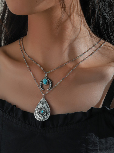 Retro Geometric Turquoise Water Drop Carved Necklace Western Cowgirl Ethnic Necklace