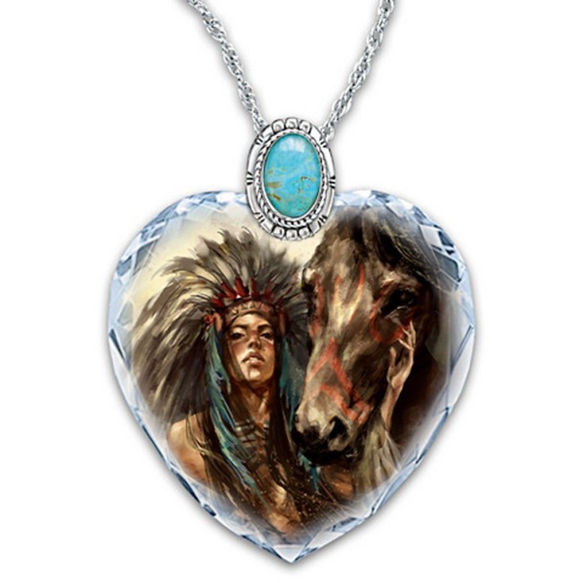 Vintage Crystal Chief and Horse Heart Necklace Embedded Turquoise Necklace
