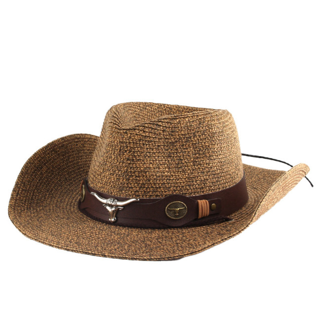 Summer Western Cowboy Hat Men Handmade Straw Sun Hat Outdoor Jazz Beach Cowgirl Hat Sombrero Cow Skull Decor Design