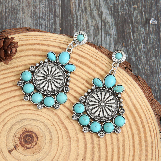 Ethnic Round Turquoise Boho Earrings Western Engraved Pattern Dangle Earrings for Cowgirl