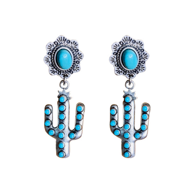 Vintage Turquoise Cactus Pendant Panel Sunflower Ethnic Earrings