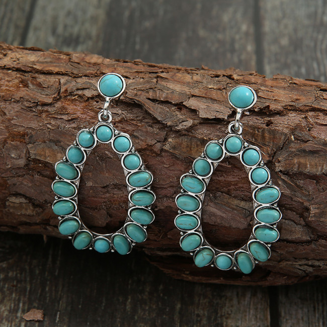 Western Earring Teardrop Turquoise Beaded Hoop Earrings Vintage Antique Silver Color Drop Dangle Earrings Bohemia Ethnic Jewelry