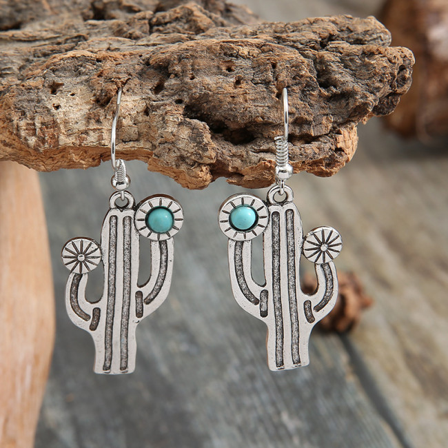 Vintage Cactus Boho Earrings for Women Handmade Carving Pattern Round Turquoise Dangle Earring