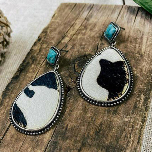 Vintage Drop Water Cow Pattern Pu Earrings Turquoise Ethnic Earrings