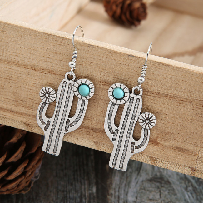 Vintage Cactus Boho Earrings for Women Handmade Carving Pattern Round Turquoise Dangle Earring