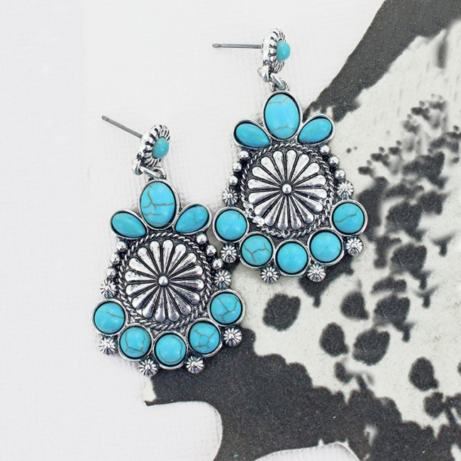 Ethnic Round Turquoise Boho Earrings Western Engraved Pattern Dangle Earrings for Cowgirl