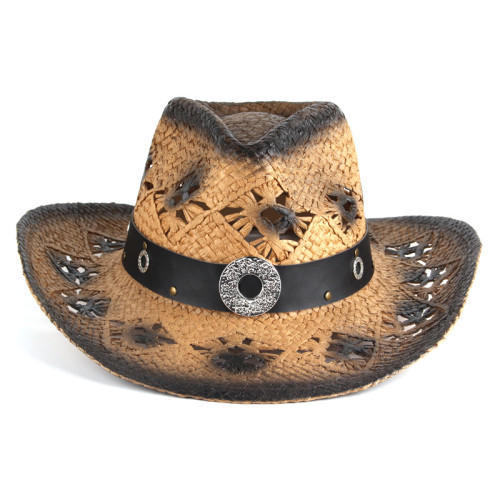 Summer Western Cowboy Hat Men Handmade Straw Sun Hat Outdoor Jazz Beach Cowgirl  Hat Sombrero Hollow Out Decor Design