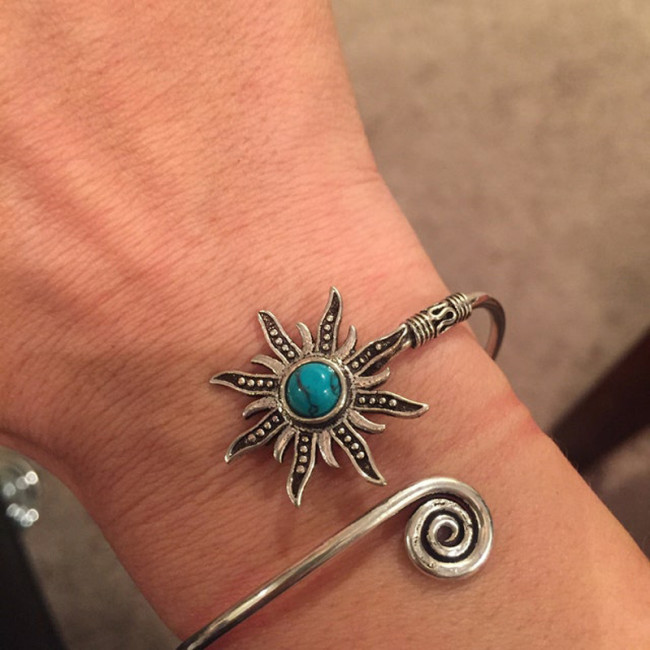 Silver Sunburst Turquoise Bracelet Adjustable Bohemian Gypsy Jewelry Ethnic Tribal Bracelet