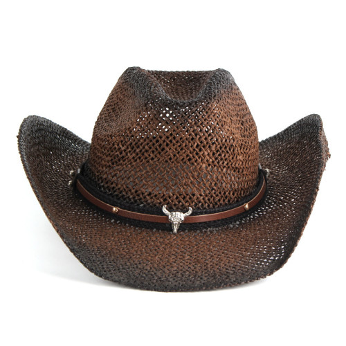 Western Cowboy Hat Men Handmade Straw Sun Hat Outdoor Jazz Beach Cowgirl Hat Sombrero Cow Skull Decor Design