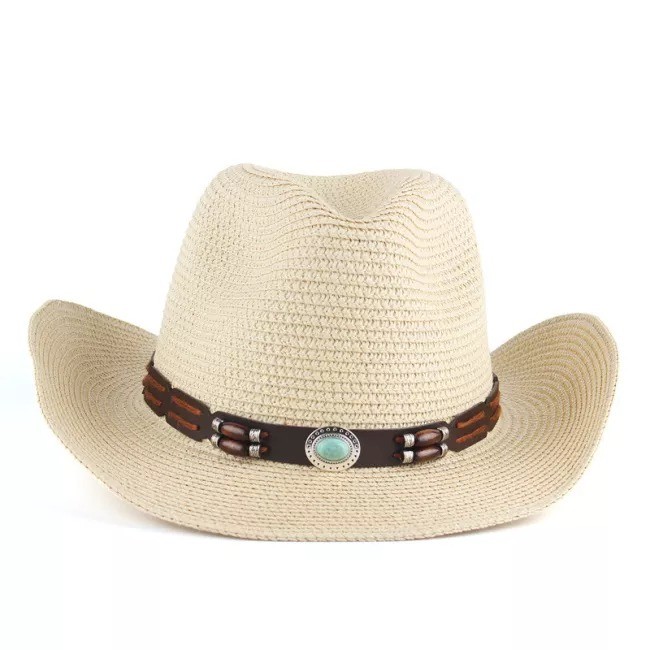 Western Cowboy Hat Sun Hat for Men Cowgirl Summer Hats for Women Lady Straw Hat Beaded Belt Decor Beach Cap Panama
