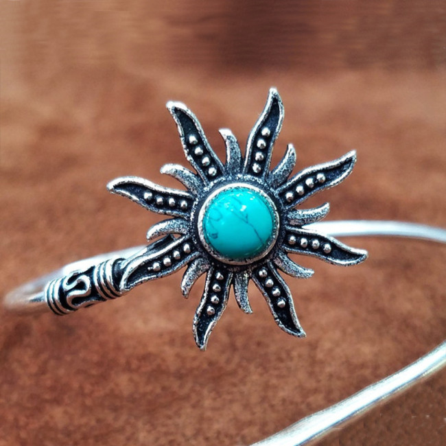 Silver Sunburst Turquoise Bracelet Adjustable Bohemian Gypsy Jewelry Ethnic Tribal Bracelet