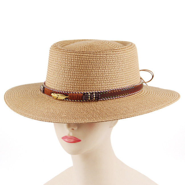 Western Cowboy Hat Sun Hat for Men Cowgirl Summer Hats for Women Lady Straw Hat with Alloy Feather Beaded Belt Beach Cap Panama