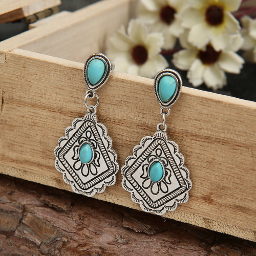 Vintage Distressed Totem Embedded Water Drop Turquoise Earrings Women's Boho Earrings