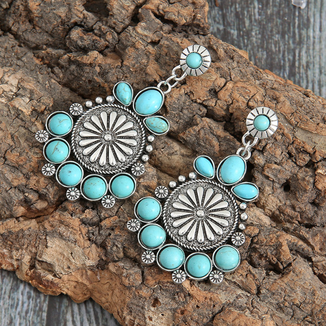 Ethnic Round Turquoise Boho Earrings Western Engraved Pattern Dangle Earrings for Cowgirl