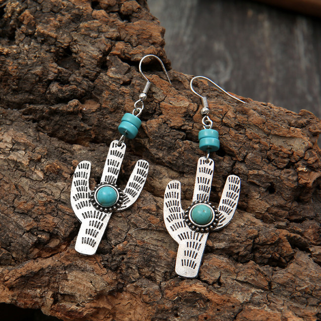 Vintage Earrings Boho Turquoise Cactus Ethnic Jewelry Western Cowgirl Engraving  Earring