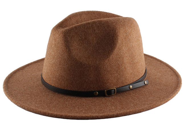 Woolen Women Felt Jazz Fedora Hats Belt Buckle Decor Unisex Wide Brim Panama Party Trilby Men Cap
