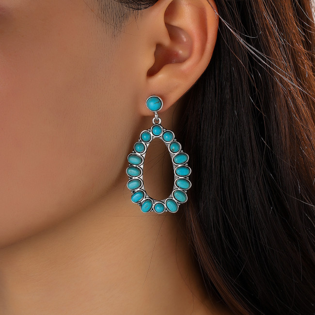 Western Earring Teardrop Turquoise Beaded Hoop Earrings Vintage Antique Silver Color Drop Dangle Earrings Bohemia Ethnic Jewelry