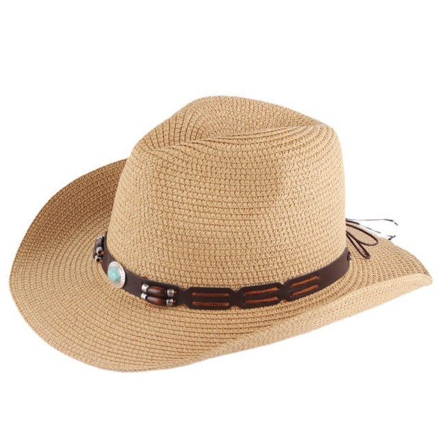 Western Cowboy Hat Sun Hat for Men Cowgirl Summer Hats for Women Lady Straw Hat Beaded Belt Decor Beach Cap Panama