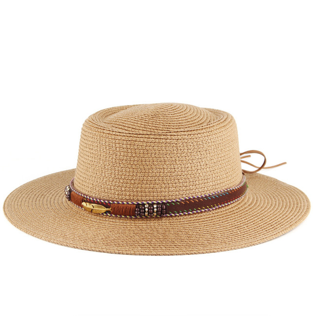 Western Cowboy Hat Sun Hat for Men Cowgirl Summer Hats for Women Lady Straw Hat with Alloy Feather Beaded Belt Beach Cap Panama