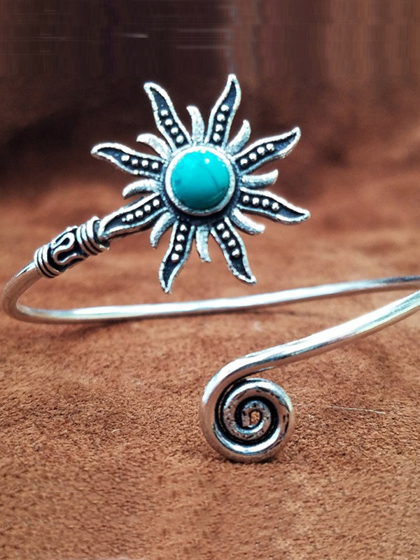 Silver Sunburst Turquoise Bracelet Adjustable Bohemian Gypsy Jewelry Ethnic Tribal Bracelet