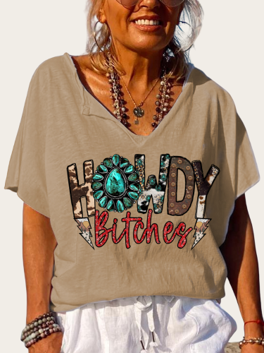 Cowgirl Howdy Print Trundown Collar T Shirt Women's Loose Short Sleeve Top Spring Plus Size Shirt