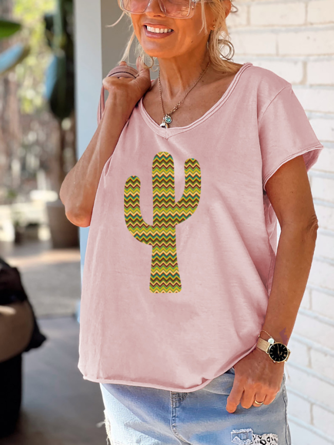 Aztec Cactus Pattern Tee Shirt Women's Causal Loose Short Sleeve Top Spring Plus Size Shirt