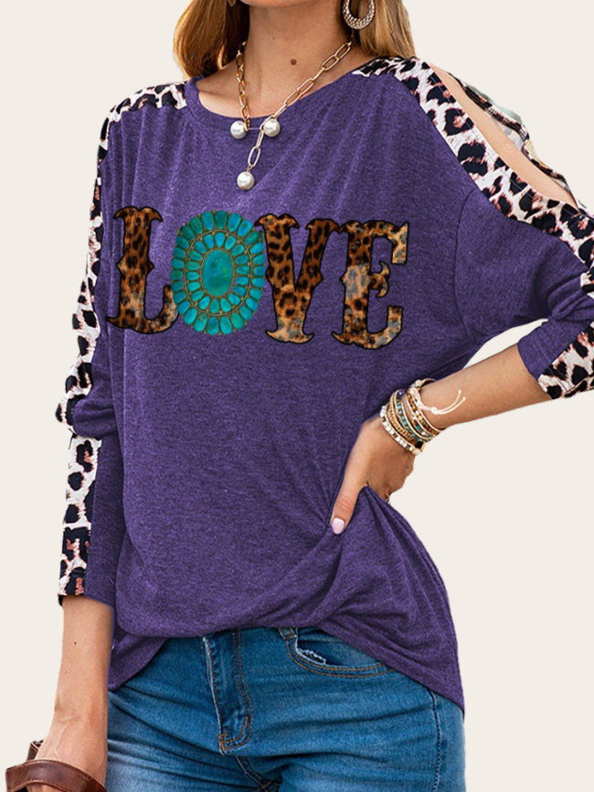 Cowgirl Love Shape Print Long Leopard Sleeve Slim Cutting Sassy Women Shirts Spring Must have Outfit Sweatshirt