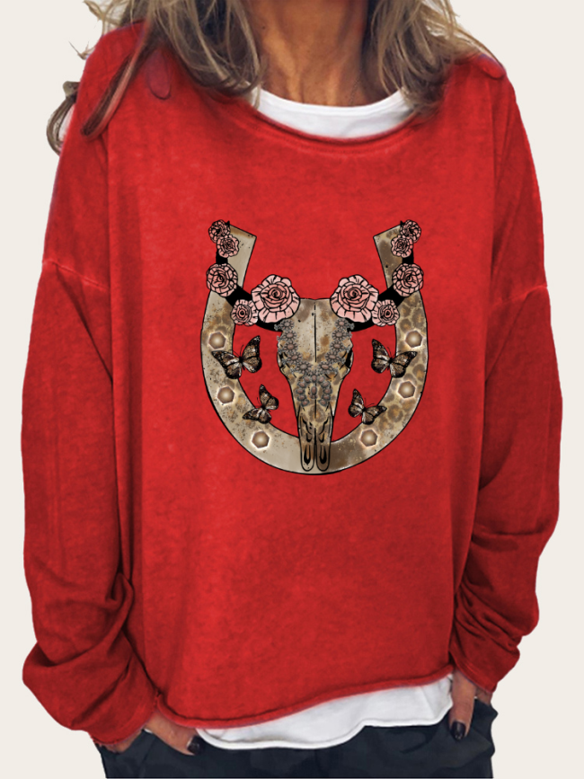 Aztec Cow Skull with Rose Women's Western Style Long Sleeve Loose Cutting Plus Size Sweatshirt