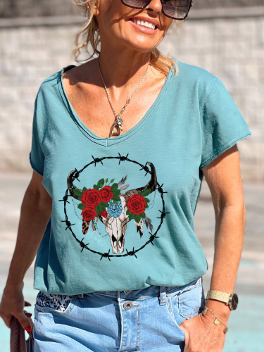 Aztec Cowhead with Rose Graphic Tee Shirt Women's Causal Loose Short Sleeve Top Spring Plus Size Shirt